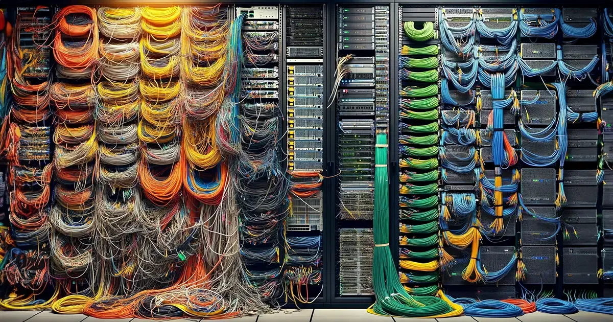 centro de datos con cables ordenados y desordenados
