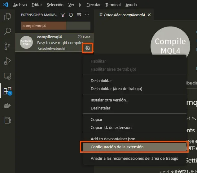 Cómo abrir la configuración de la extensión "compilemql4"