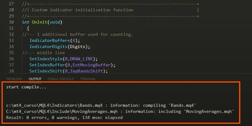 Compilando MQL4 con éxito desde VSCode