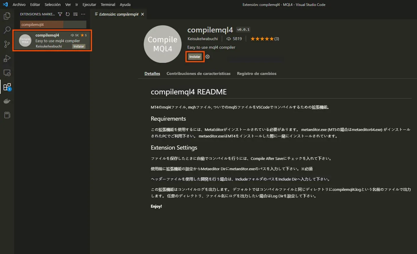 Instalar la extensión "compilemql4"